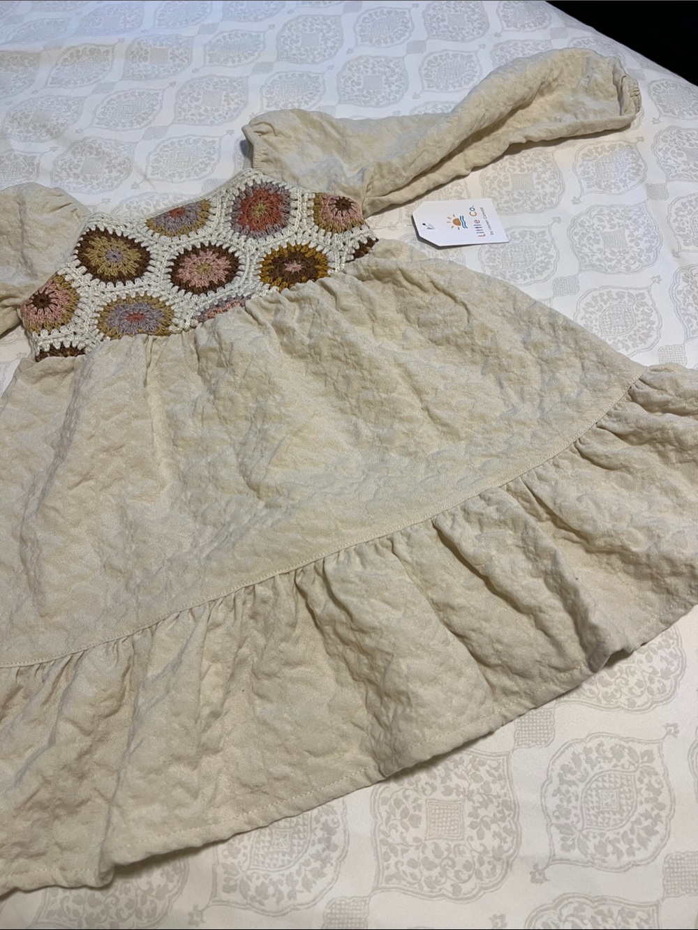 Kohl's Cream Long-Sleeve Dress with Multicolor Crochet Yoke